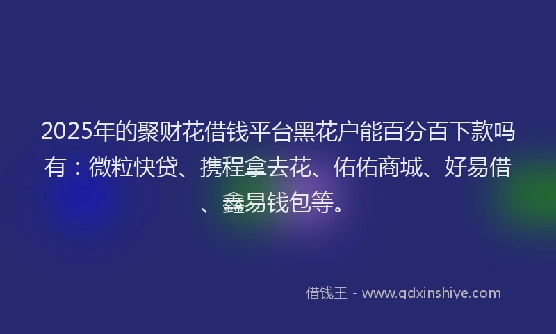 2025年的聚财花借钱平台黑花户能百分百下款吗有：微粒快贷、携程拿去花、佑佑商城、好易借、鑫易钱包等。