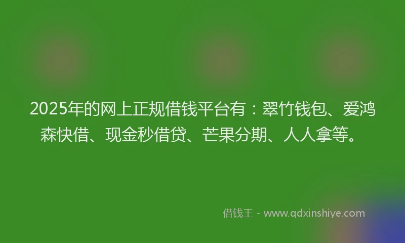 2025年的网上正规借钱平台有：翠竹钱包、爱鸿森快借、现金秒借贷、芒果分期、人人拿等。