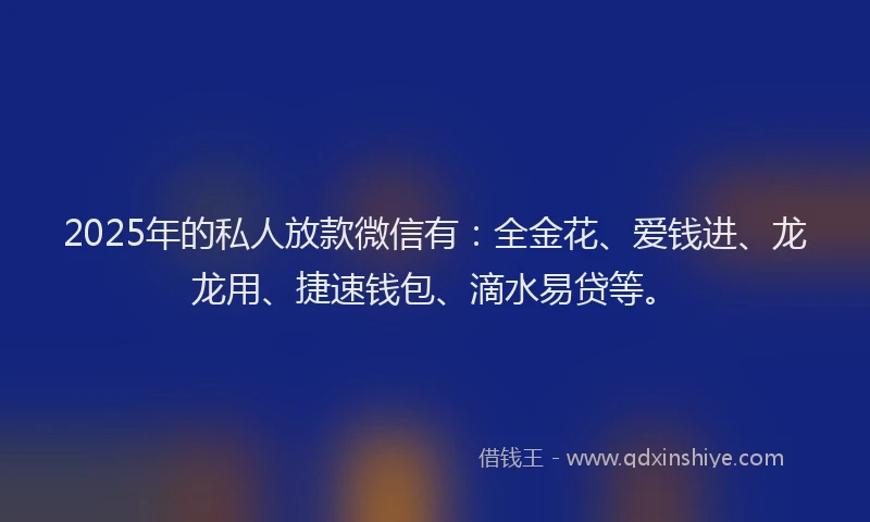 2025年的私人放款微信有：全金花、爱钱进、龙龙用、捷速钱包、滴水易贷等。