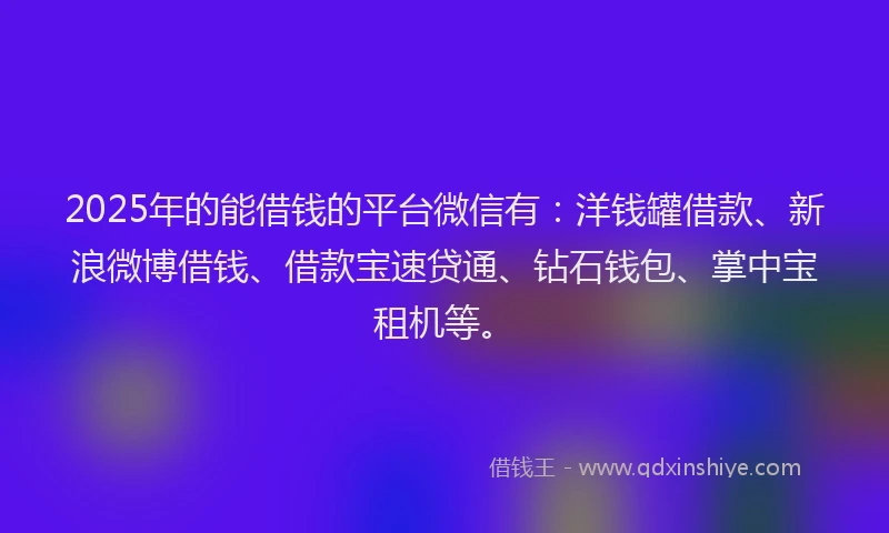 2025年的能借钱的平台微信有：洋钱罐借款、新浪微博借钱、借款宝速贷通、钻石钱包、掌中宝租机等。