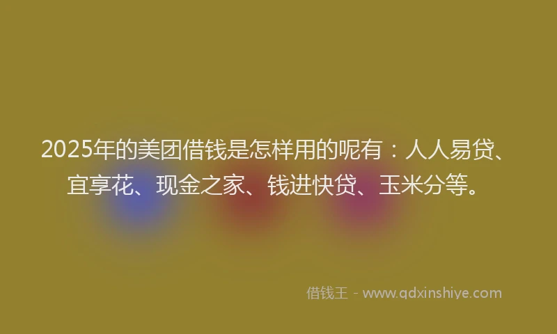 2025年的美团借钱是怎样用的呢有：人人易贷、宜享花、现金之家、钱进快贷、玉米分等。