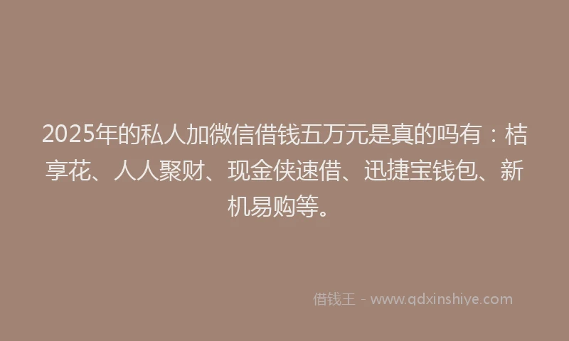 2025年的私人加微信借钱五万元是真的吗有：桔享花、人人聚财、现金侠速借、迅捷宝钱包、新机易购等。