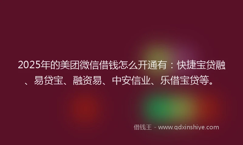 2025年的美团微信借钱怎么开通有：快捷宝贷融、易贷宝、融资易、中安信业、乐借宝贷等。