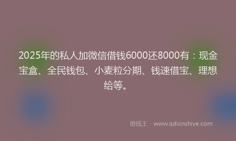 2025年的私人加微信借钱6000还8000有：现金宝盒、全民钱包、小麦粒分期、钱速借宝、理想给等。