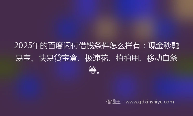 2025年的百度闪付借钱条件怎么样有：现金秒融易宝、快易贷宝盒、极速花、拍拍用、移动白条等。