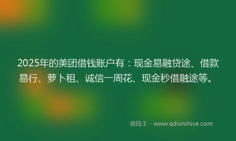 2025年的美团借钱账户有：现金易融贷途、借款易行、萝卜租、诚信一周花、现金秒借融途等。