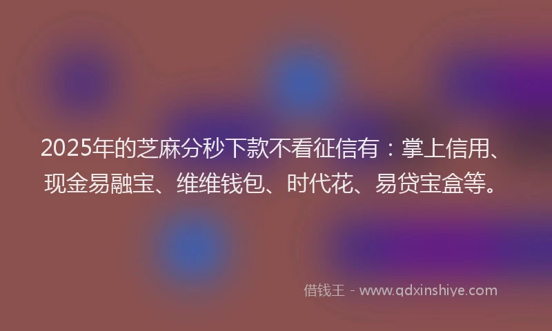 2025年的芝麻分秒下款不看征信有：掌上信用、现金易融宝、维维钱包、时代花、易贷宝盒等。