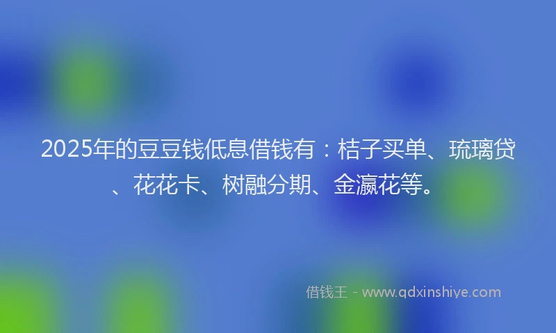 2025年的豆豆钱低息借钱有：桔子买单、琉璃贷、花花卡、树融分期、金瀛花等。