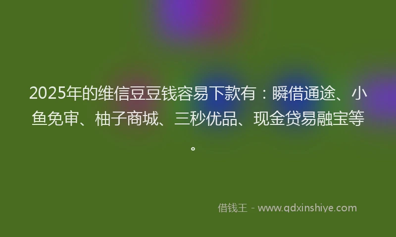 2025年的维信豆豆钱容易下款有：瞬借通途、小鱼免审、柚子商城、三秒优品、现金贷易融宝等。