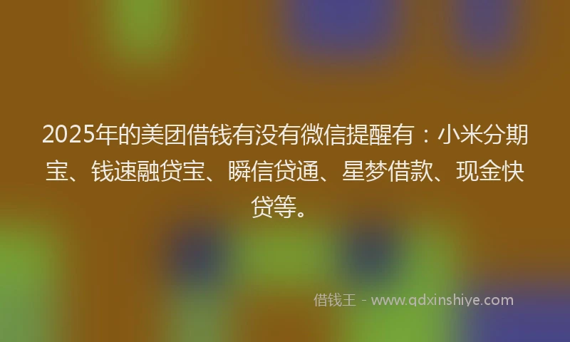 2025年的美团借钱有没有微信提醒有：小米分期宝、钱速融贷宝、瞬信贷通、星梦借款、现金快贷等。