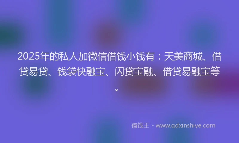 2025年的私人加微信借钱小钱有：天美商城、借贷易贷、钱袋快融宝、闪贷宝融、借贷易融宝等。