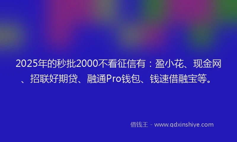 2025年的秒批2000不看征信有：盈小花、现金网、招联好期贷、融通Pro钱包、钱速借融宝等。