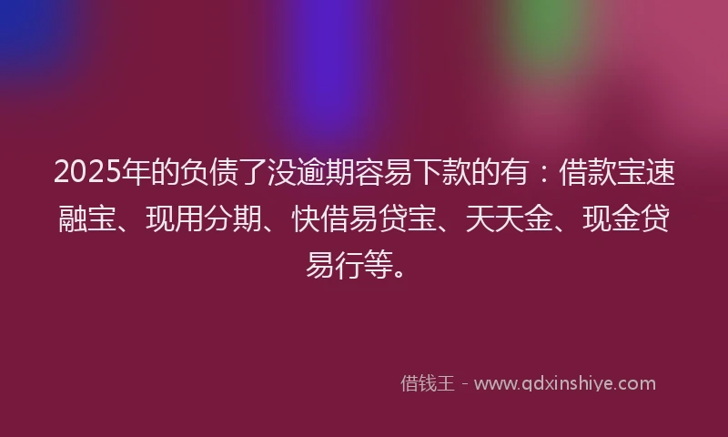 2025年的负债了没逾期容易下款的有：借款宝速融宝、现用分期、快借易贷宝、天天金、现金贷易行等。