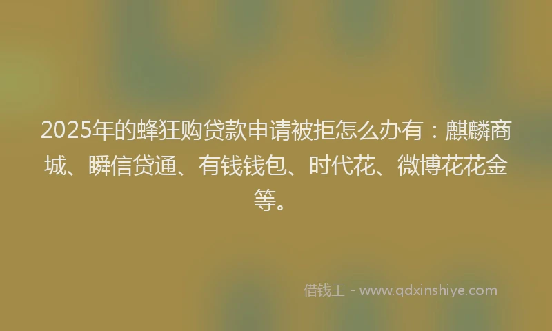 2025年的蜂狂购贷款申请被拒怎么办有：麒麟商城、瞬信贷通、有钱钱包、时代花、微博花花金等。