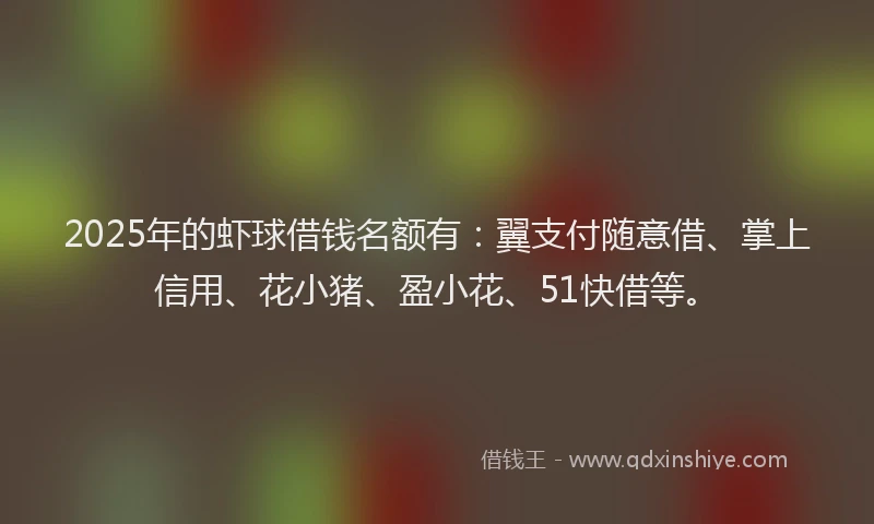 2025年的虾球借钱名额有：翼支付随意借、掌上信用、花小猪、盈小花、51快借等。