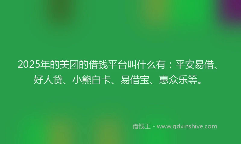 2025年的美团的借钱平台叫什么有：平安易借、好人贷、小熊白卡、易借宝、惠众乐等。
