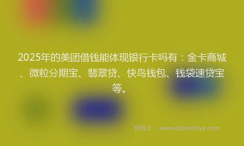 2025年的美团借钱能体现银行卡吗有：金卡商城、微粒分期宝、翡翠贷、快鸟钱包、钱袋速贷宝等。