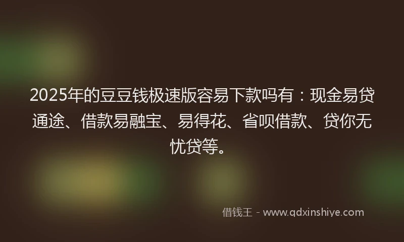 2025年的豆豆钱极速版容易下款吗有：现金易贷通途、借款易融宝、易得花、省呗借款、贷你无忧贷等。
