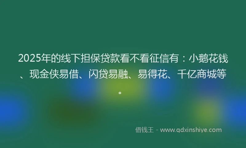 2025年的线下担保贷款看不看征信有：小鹅花钱、现金侠易借、闪贷易融、易得花、千亿商城等。