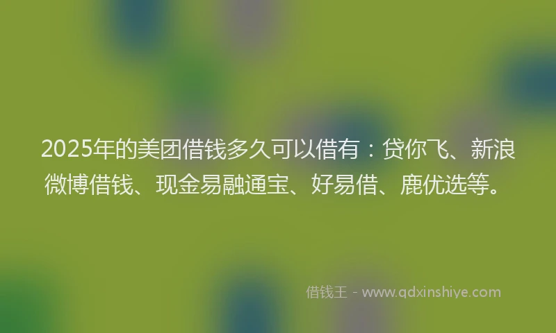 2025年的美团借钱多久可以借有：贷你飞、新浪微博借钱、现金易融通宝、好易借、鹿优选等。