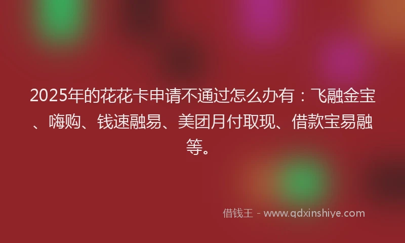 2025年的花花卡申请不通过怎么办有：飞融金宝、嗨购、钱速融易、美团月付取现、借款宝易融等。