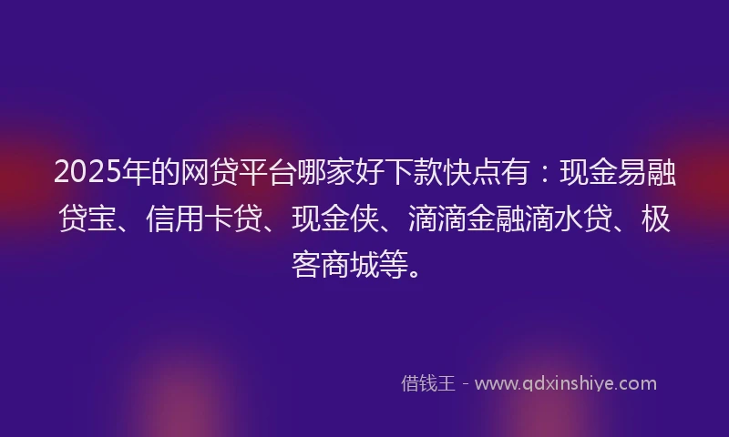 2025年的网贷平台哪家好下款快点有：现金易融贷宝、信用卡贷、现金侠、滴滴金融滴水贷、极客商城等。