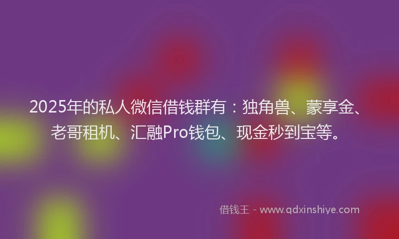 2025年的私人微信借钱群有：独角兽、蒙享金、老哥租机、汇融Pro钱包、现金秒到宝等。