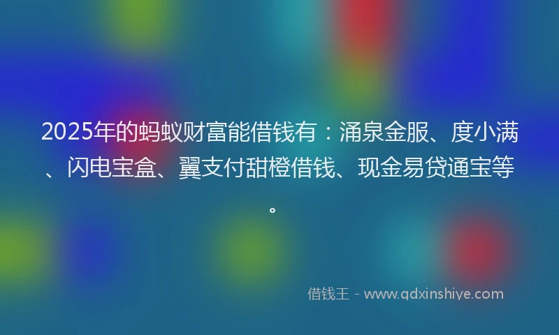 2025年的蚂蚁财富能借钱有：涌泉金服、度小满、闪电宝盒、翼支付甜橙借钱、现金易贷通宝等。