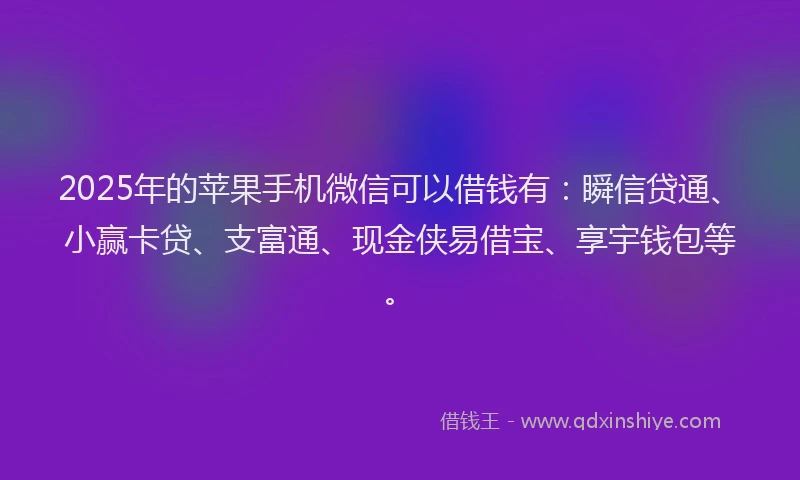 2025年的苹果手机微信可以借钱有：瞬信贷通、小赢卡贷、支富通、现金侠易借宝、享宇钱包等。