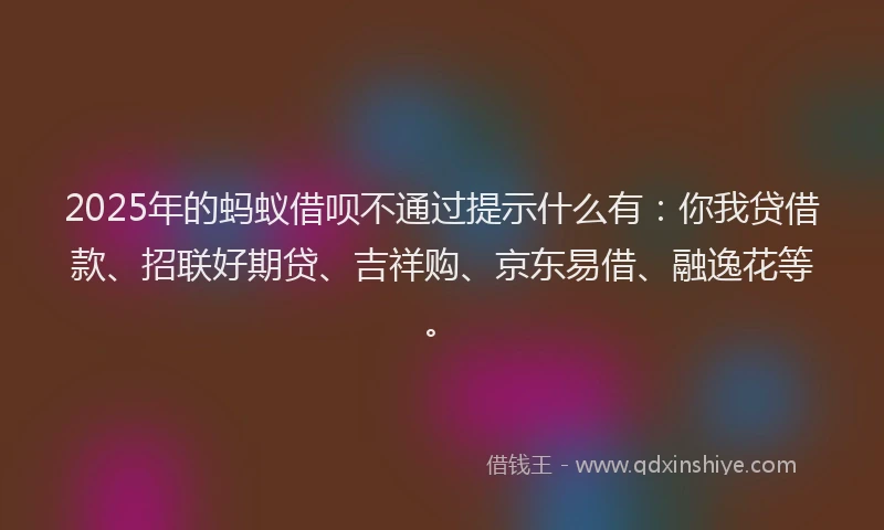 2025年的蚂蚁借呗不通过提示什么有：你我贷借款、招联好期贷、吉祥购、京东易借、融逸花等。