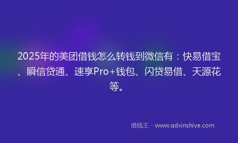 2025年的美团借钱怎么转钱到微信有：快易借宝、瞬信贷通、速享Pro+钱包、闪贷易借、天源花等。