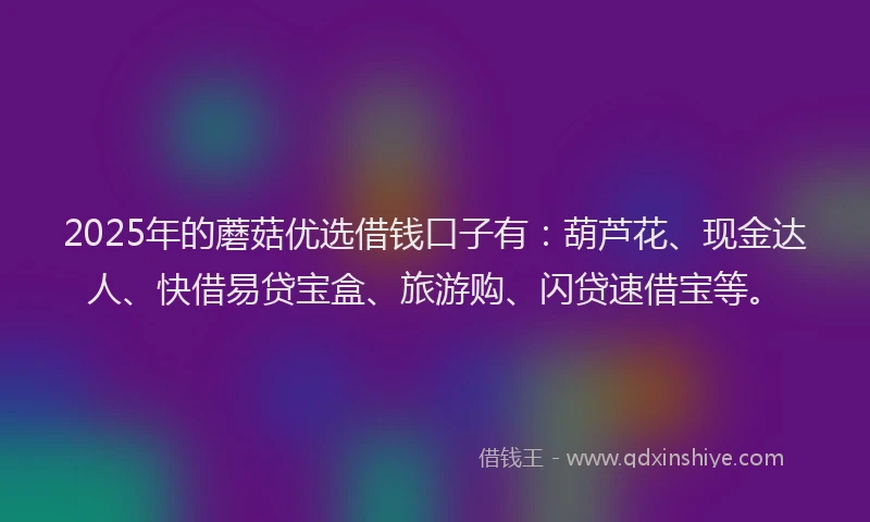 2025年的蘑菇优选借钱口子有：葫芦花、现金达人、快借易贷宝盒、旅游购、闪贷速借宝等。