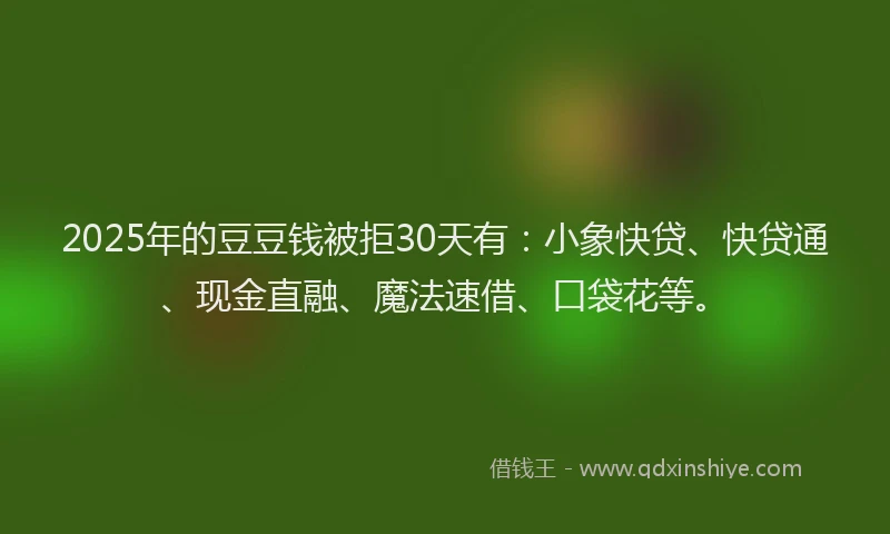 2025年的豆豆钱被拒30天有：小象快贷、快贷通、现金直融、魔法速借、口袋花等。
