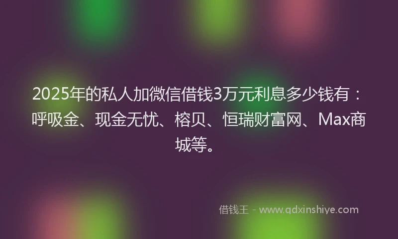 2025年的私人加微信借钱3万元利息多少钱有：呼吸金、现金无忧、榕贝、恒瑞财富网、Max商城等。
