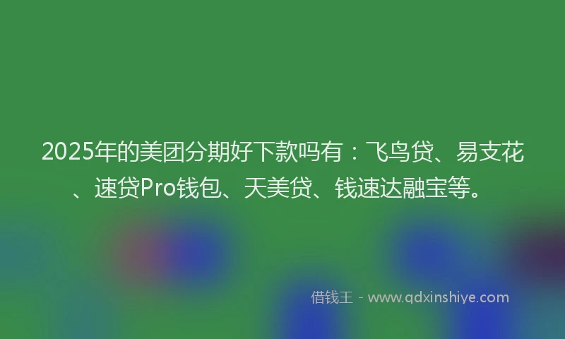 2025年的美团分期好下款吗有：飞鸟贷、易支花、速贷Pro钱包、天美贷、钱速达融宝等。