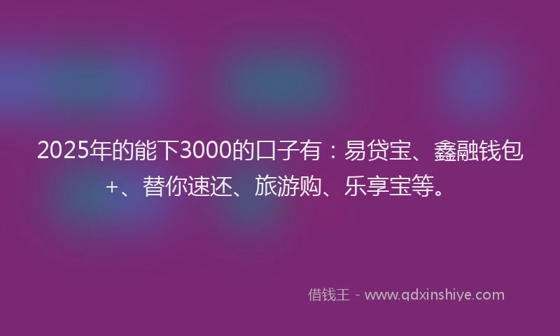 2025年的能下3000的口子有：易贷宝、鑫融钱包+、替你速还、旅游购、乐享宝等。