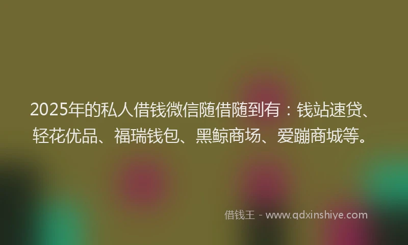 2025年的私人借钱微信随借随到有：钱站速贷、轻花优品、福瑞钱包、黑鲸商场、爱蹦商城等。
