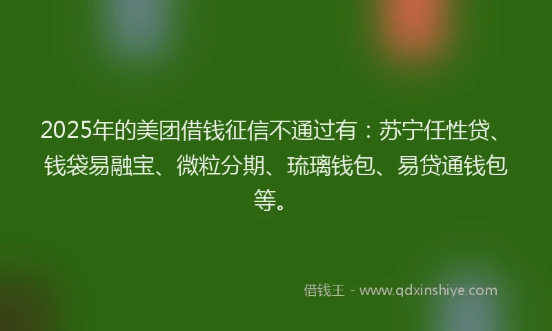 2025年的美团借钱征信不通过有：苏宁任性贷、钱袋易融宝、微粒分期、琉璃钱包、易贷通钱包等。