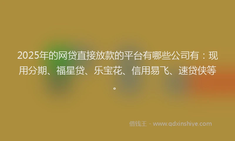 2025年的网贷直接放款的平台有哪些公司有：现用分期、福星贷、乐宝花、信用易飞、速贷侠等。