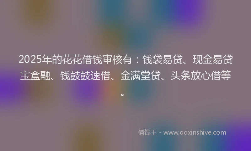2025年的花花借钱审核有：钱袋易贷、现金易贷宝盒融、钱鼓鼓速借、金满堂贷、头条放心借等。
