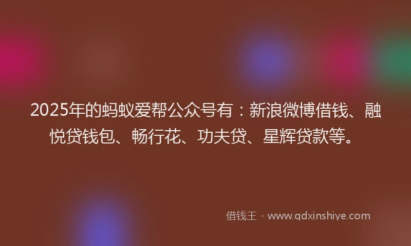 2025年的蚂蚁爱帮公众号有：新浪微博借钱、融悦贷钱包、畅行花、功夫贷、星辉贷款等。