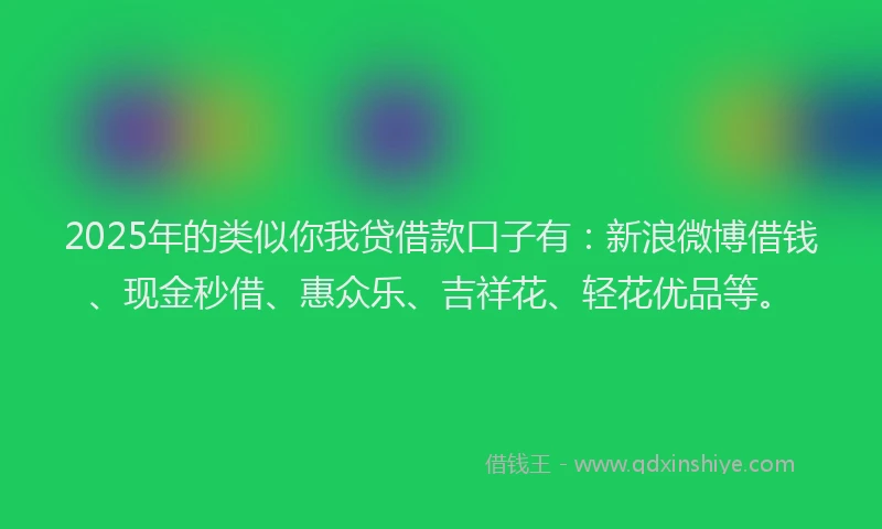 2025年的类似你我贷借款口子有：新浪微博借钱、现金秒借、惠众乐、吉祥花、轻花优品等。