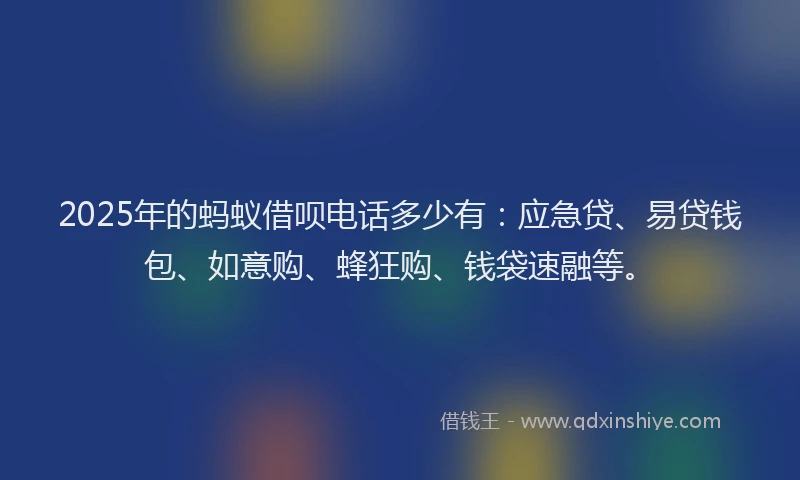 2025年的蚂蚁借呗电话多少有：应急贷、易贷钱包、如意购、蜂狂购、钱袋速融等。