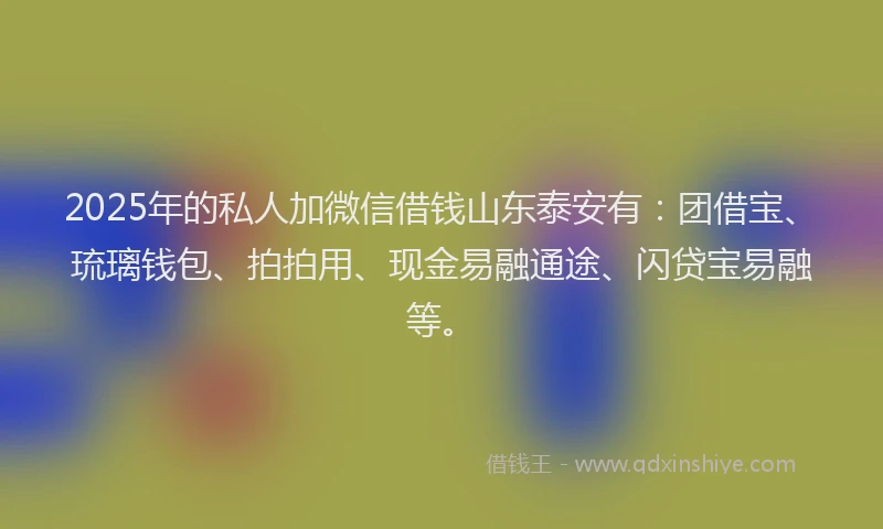 2025年的私人加微信借钱山东泰安有：团借宝、琉璃钱包、拍拍用、现金易融通途、闪贷宝易融等。