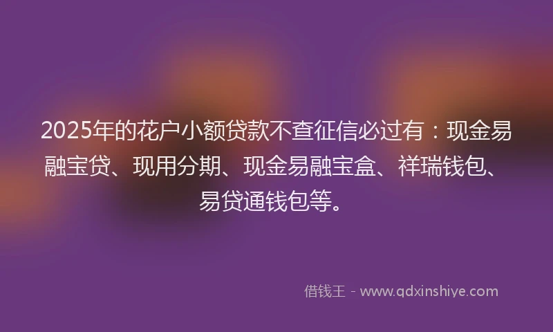 2025年的花户小额贷款不查征信必过有：现金易融宝贷、现用分期、现金易融宝盒、祥瑞钱包、易贷通钱包等。