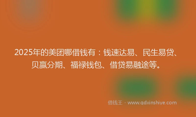 2025年的美团哪借钱有：钱速达易、民生易贷、贝赢分期、福禄钱包、借贷易融途等。
