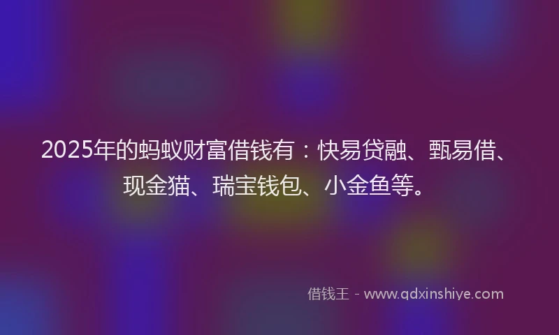 2025年的蚂蚁财富借钱有：快易贷融、甄易借、现金猫、瑞宝钱包、小金鱼等。