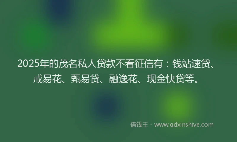 2025年的茂名私人贷款不看征信有：钱站速贷、戒易花、甄易贷、融逸花、现金快贷等。