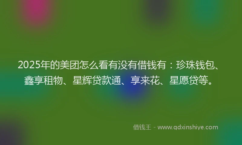 2025年的美团怎么看有没有借钱有：珍珠钱包、鑫享租物、星辉贷款通、享来花、星愿贷等。