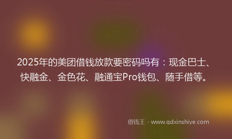 2025年的美团借钱放款要密码吗有：现金巴士、快融金、金色花、融通宝Pro钱包、随手借等。